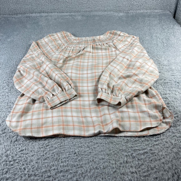 Loft Womens Plaid Smocked Neck Blouse Orange Grey Long Sleeve Top Large - Picture 8 of 9